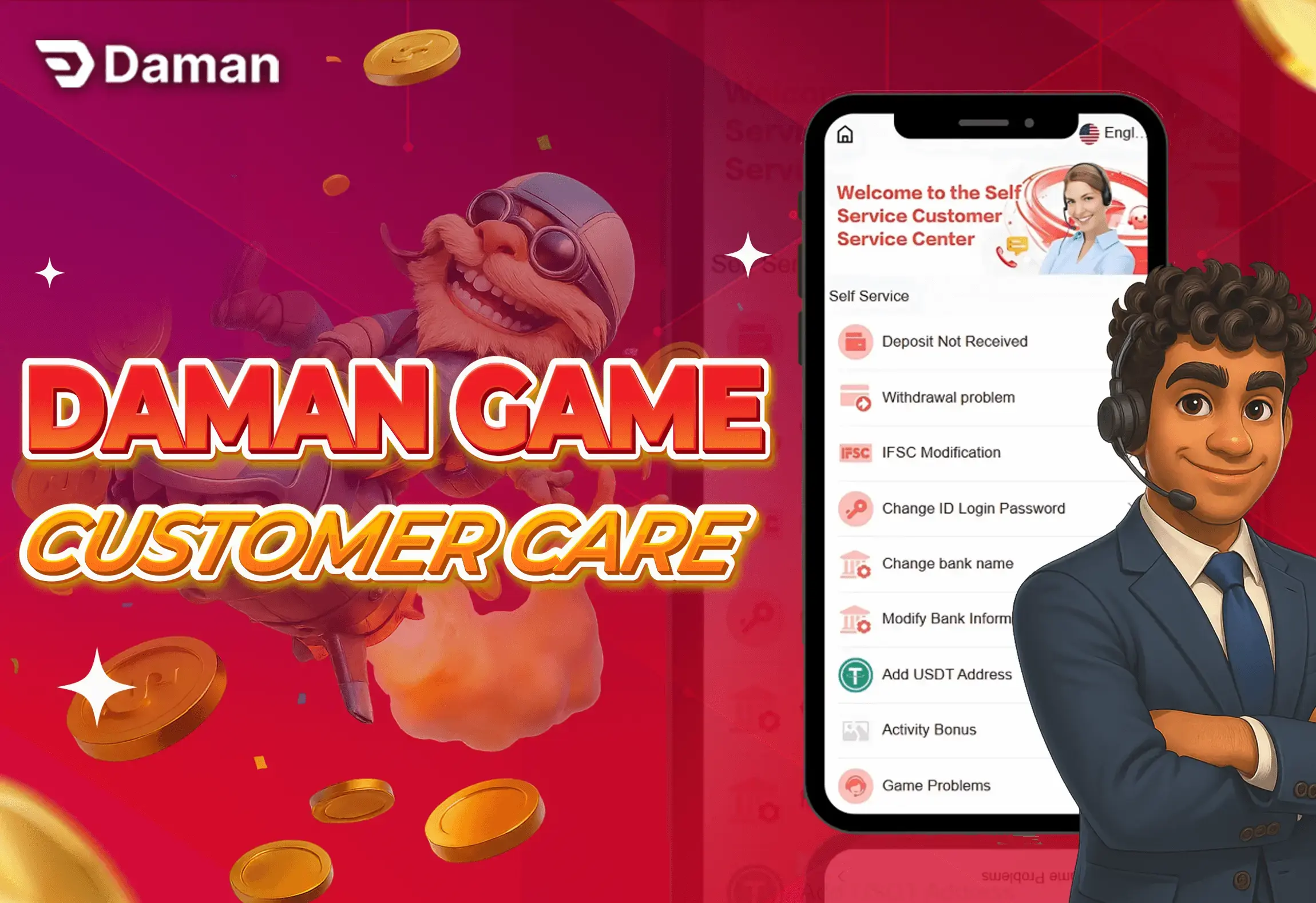 The Daman Game Help Center interface, showing options for live chat, tutorials, and FAQs.